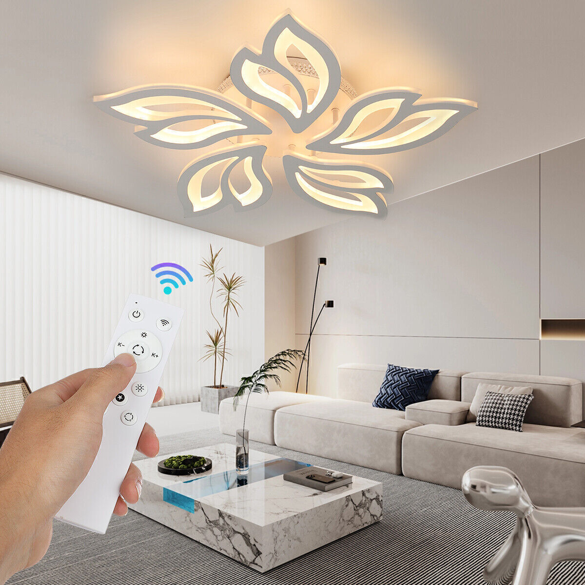 Moderne LED Deckenleuchte Dimmbar mit Fernbedienung – RGB Farben & Blüten-Design für Wohnzimmer