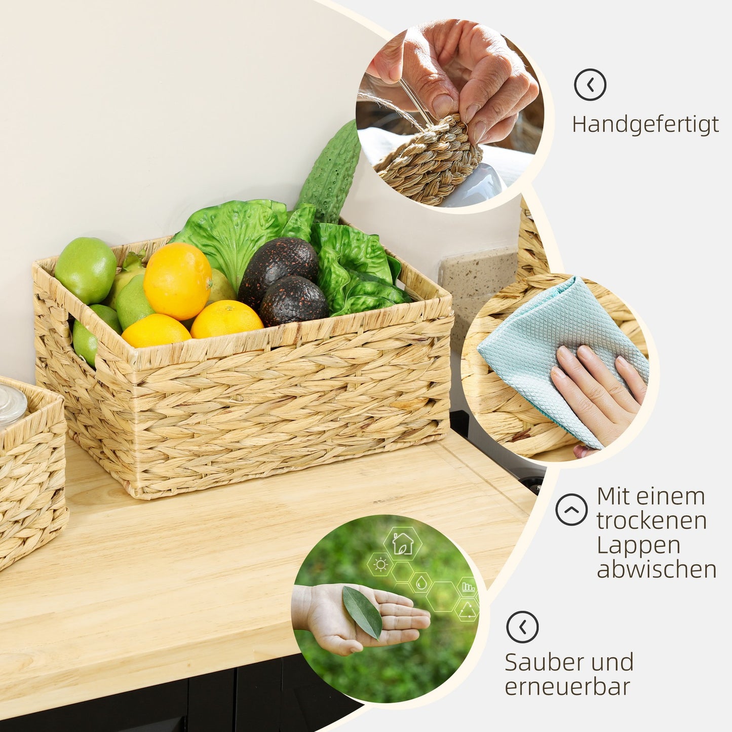 3er-Set Aufbewahrungskorb, geflochtener Körbe aus Wasserhyazinthe Naturholz
