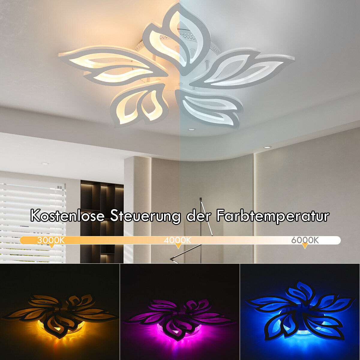 Moderne LED Deckenleuchte Dimmbar mit Fernbedienung – RGB Farben & Blüten-Design für Wohnzimmer