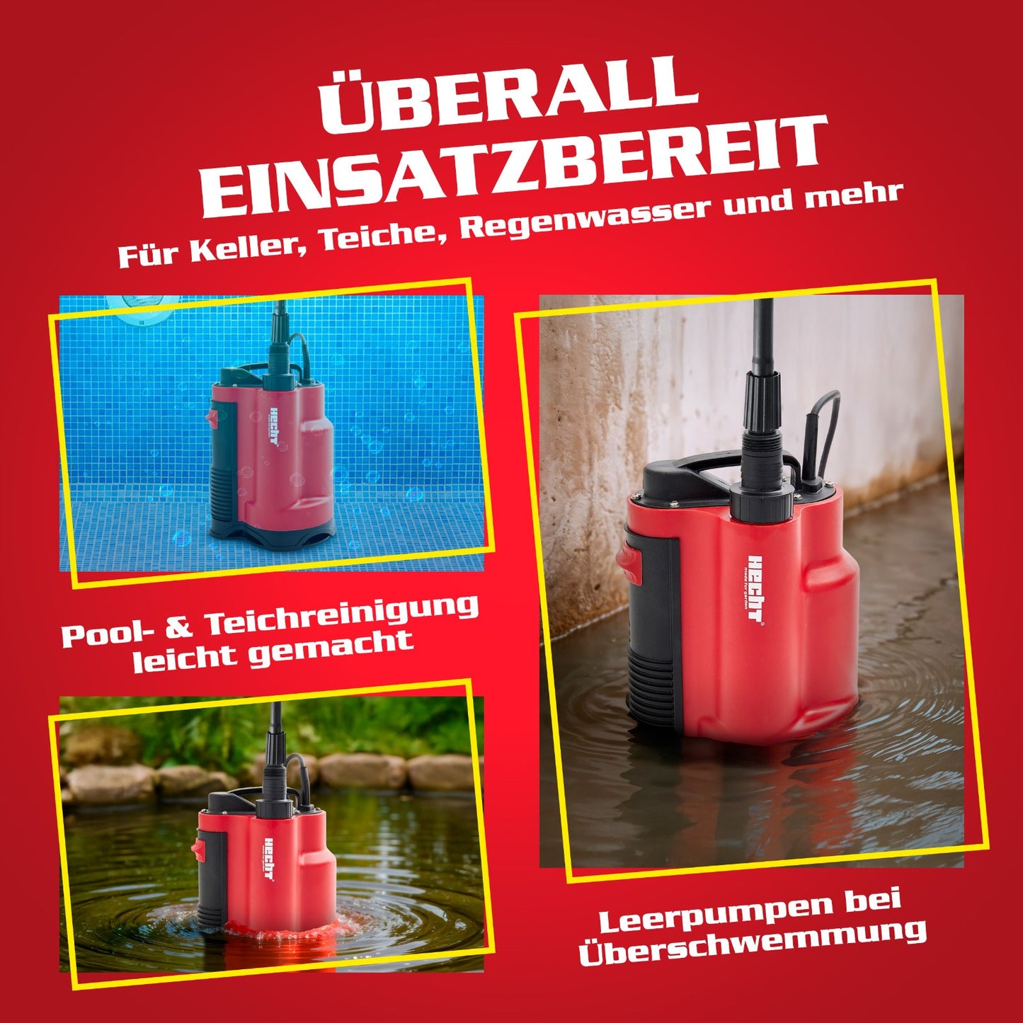 HECHT Schmutzwasserpumpe 750 W – Tauchpumpe mit Schwimmer, 13.000 l/h, für Keller, Teich & Regenwasser