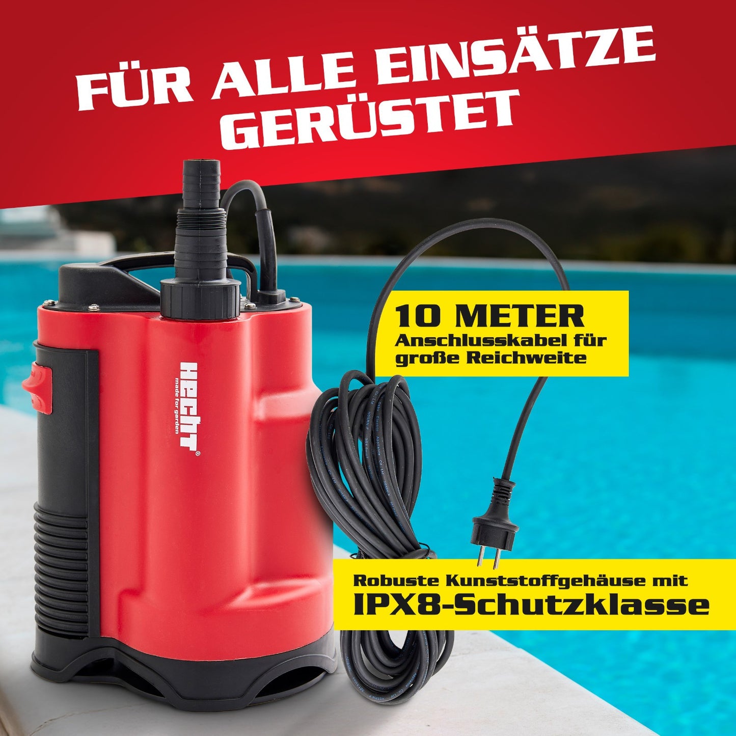 HECHT Schmutzwasserpumpe 750 W – Tauchpumpe mit Schwimmer, 13.000 l/h, für Keller, Teich & Regenwasser