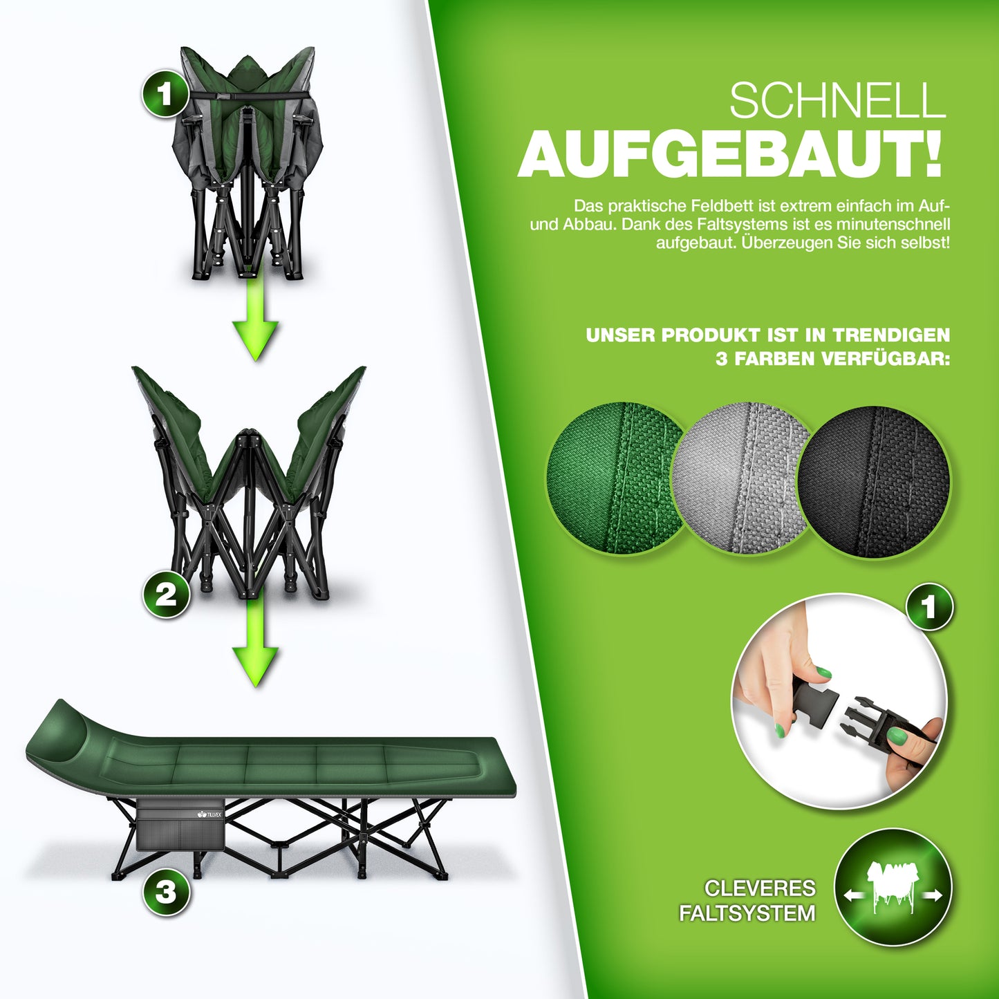 Campingbett 200 kg – klappbare Campingliege & Gästebett, faltbares Feldbett, Reisebett