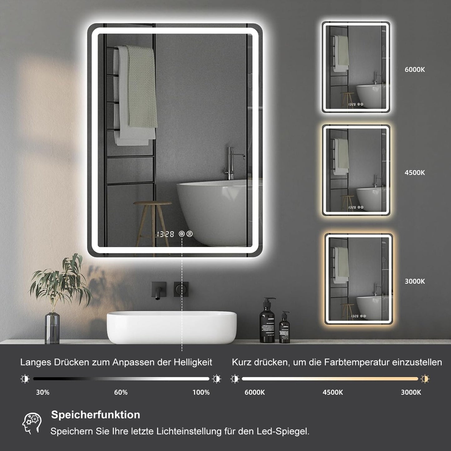 LED Dimmbarer Badspiegel mit Uhr, Touch-Bedienung & Beschlagfrei – Beleuchteter Wandspiegel