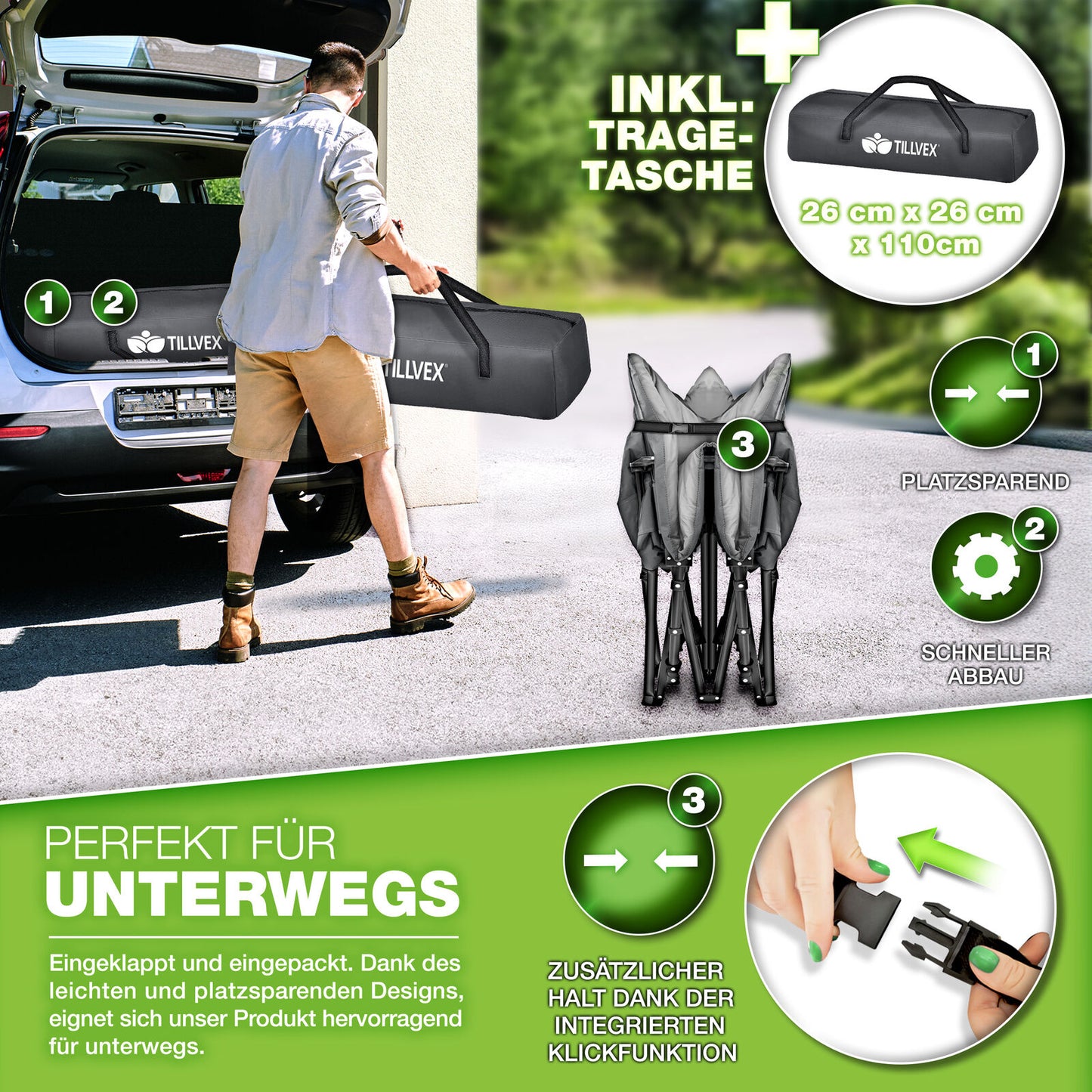 Campingbett 200 kg – klappbare Campingliege & Gästebett, faltbares Feldbett, Reisebett