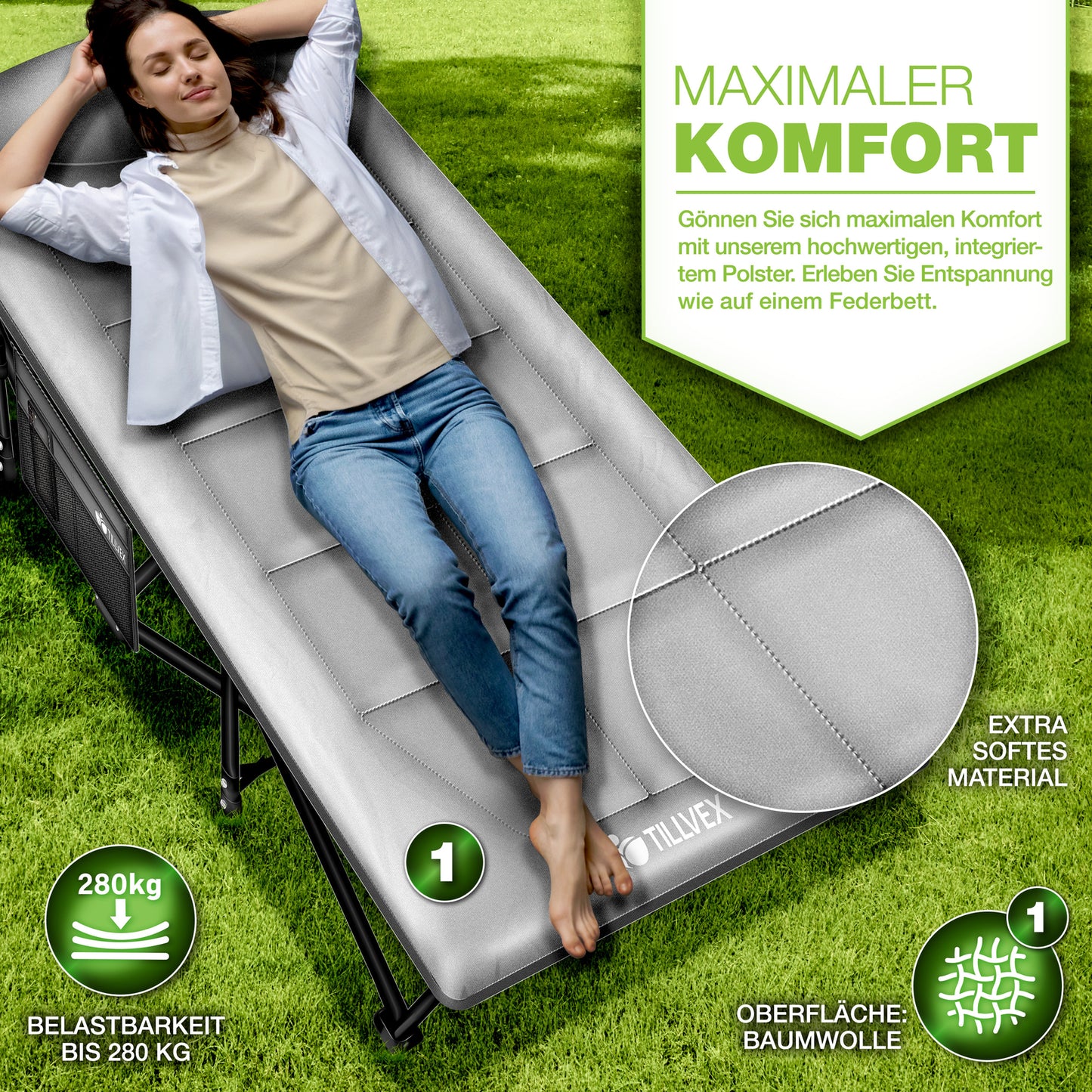 Campingbett 200 kg – klappbare Campingliege & Gästebett, faltbares Feldbett, Reisebett