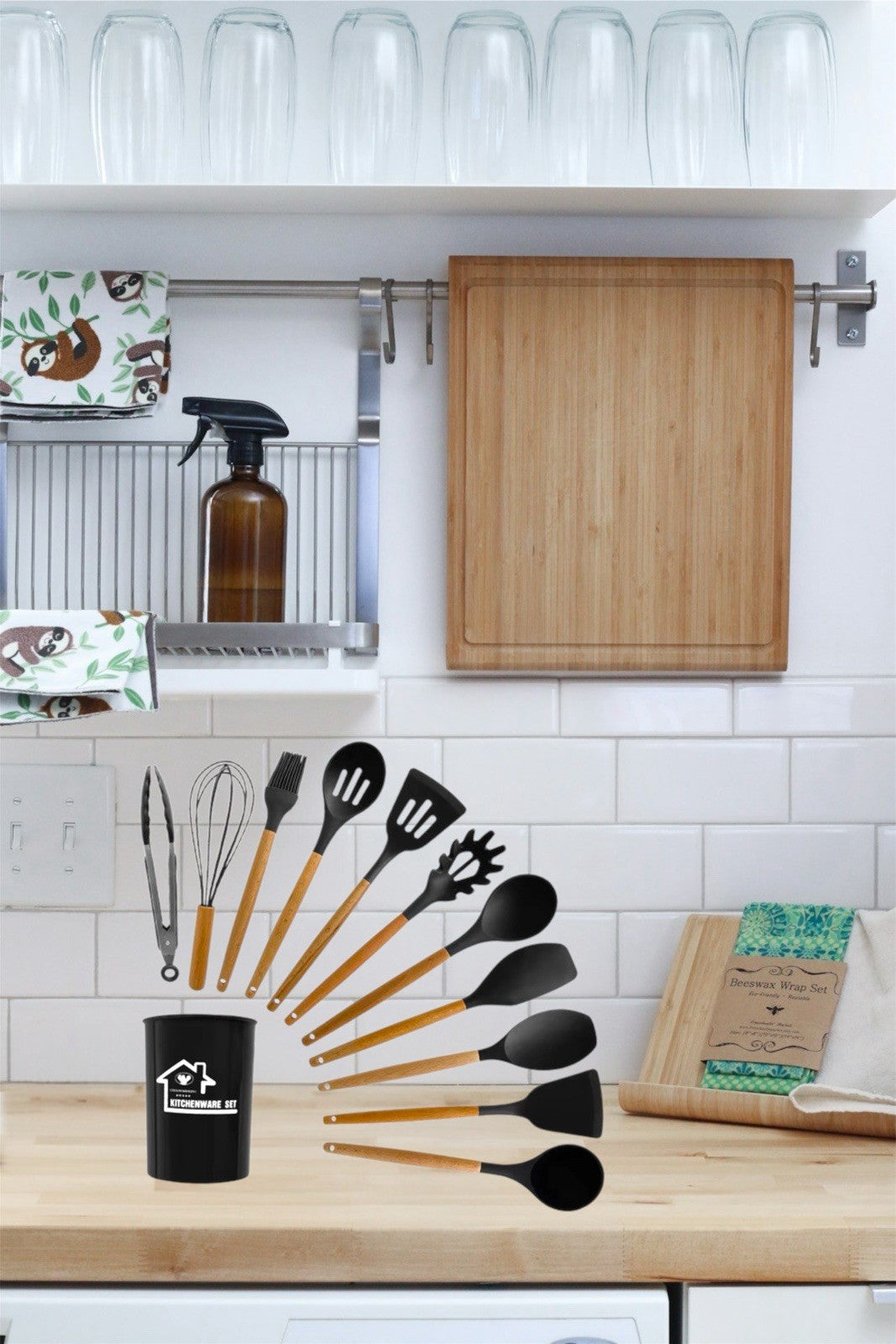 12-teiliges Küchenhelfer-Set aus Holz & Silikon, Schwarz, mit Aufbewahrungsbehälter