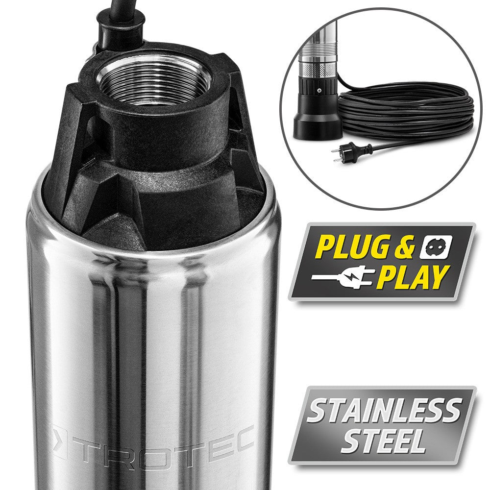 TROTEC Tiefbrunnenpumpe TDP 370 E – Edelstahl Brunnenpumpe 700 W, Garten- & Hauswasserpumpe