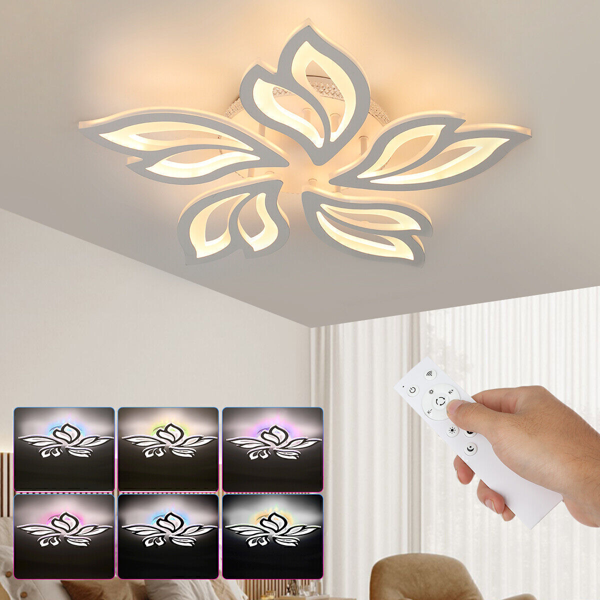 Moderne LED Deckenleuchte Dimmbar mit Fernbedienung – RGB Farben & Blüten-Design für Wohnzimmer