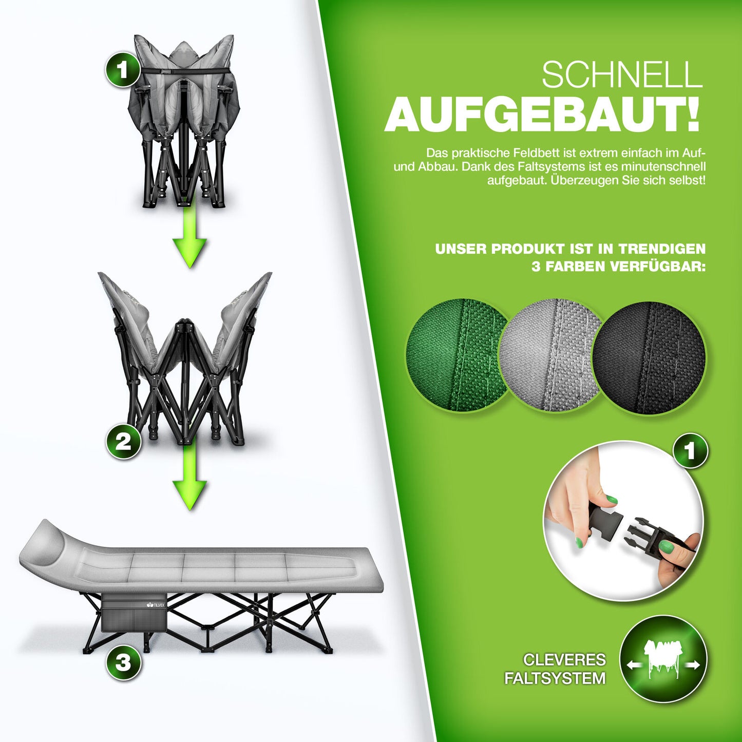 Campingbett 200 kg – klappbare Campingliege & Gästebett, faltbares Feldbett, Reisebett