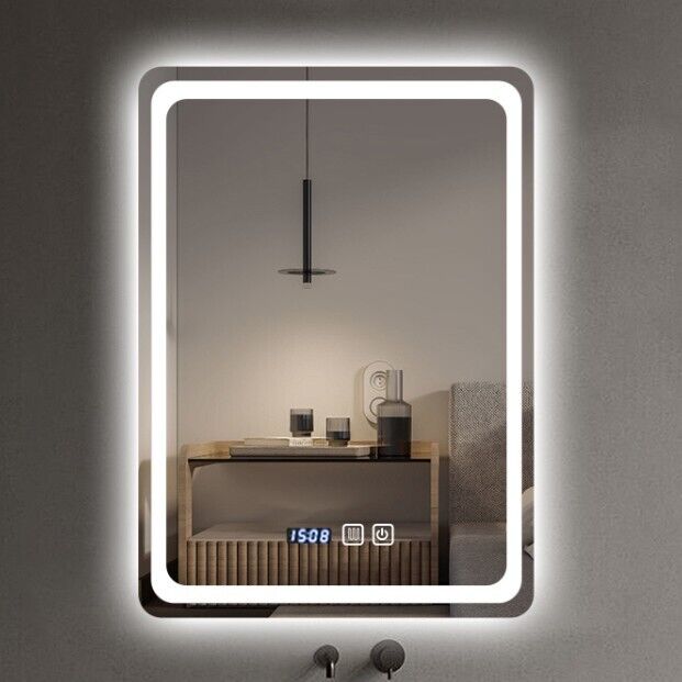 LED Dimmbarer Badspiegel mit Uhr, Touch-Bedienung & Beschlagfrei – Beleuchteter Wandspiegel