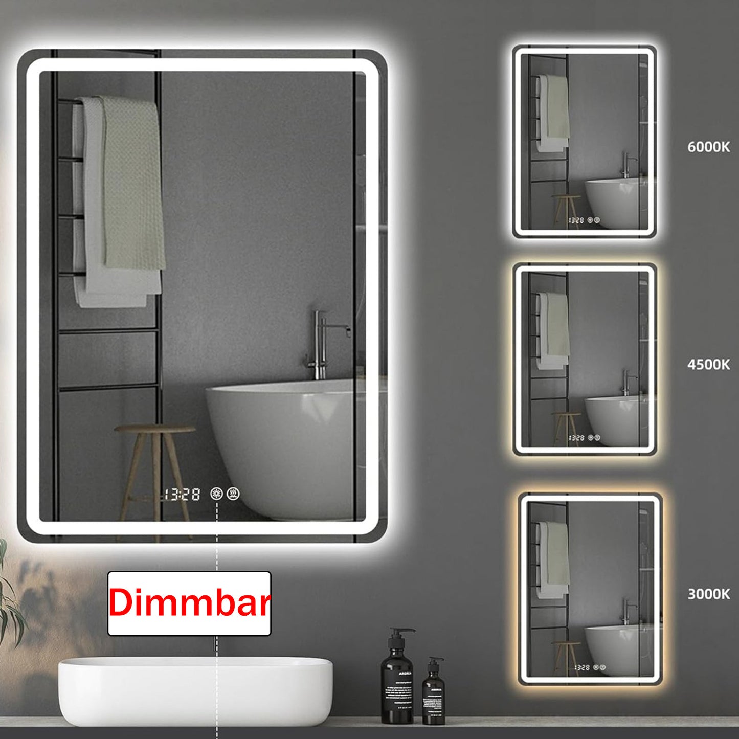 LED Dimmbarer Badspiegel mit Uhr, Touch-Bedienung & Beschlagfrei – Beleuchteter Wandspiegel