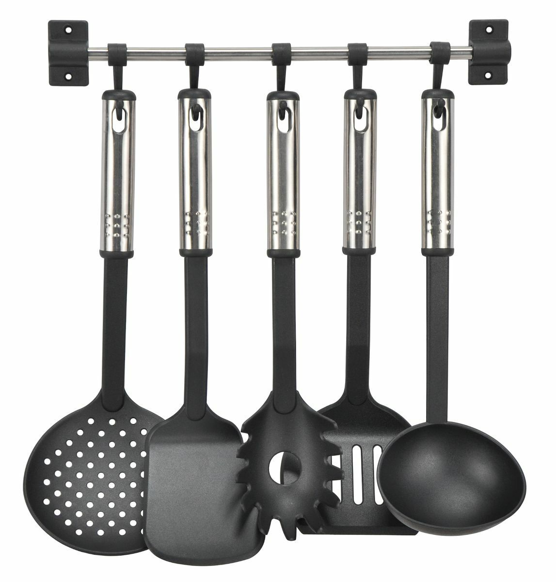 6-teiliges Küchenhelfer-Set aus Edelstahl & Kunststoff – Pfannenwender, Löffel, Suppenkelle, Spaghettilöffel & Wandhalterung mit 5 Haken