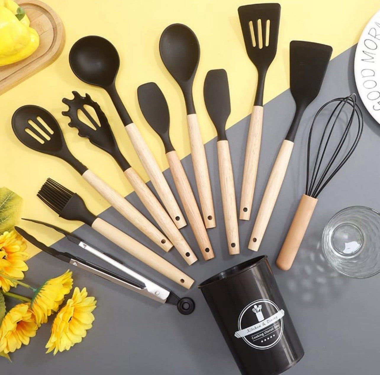 12-teiliges Küchenhelfer-Set aus Holz & Silikon, Schwarz, mit Aufbewahrungsbehälter