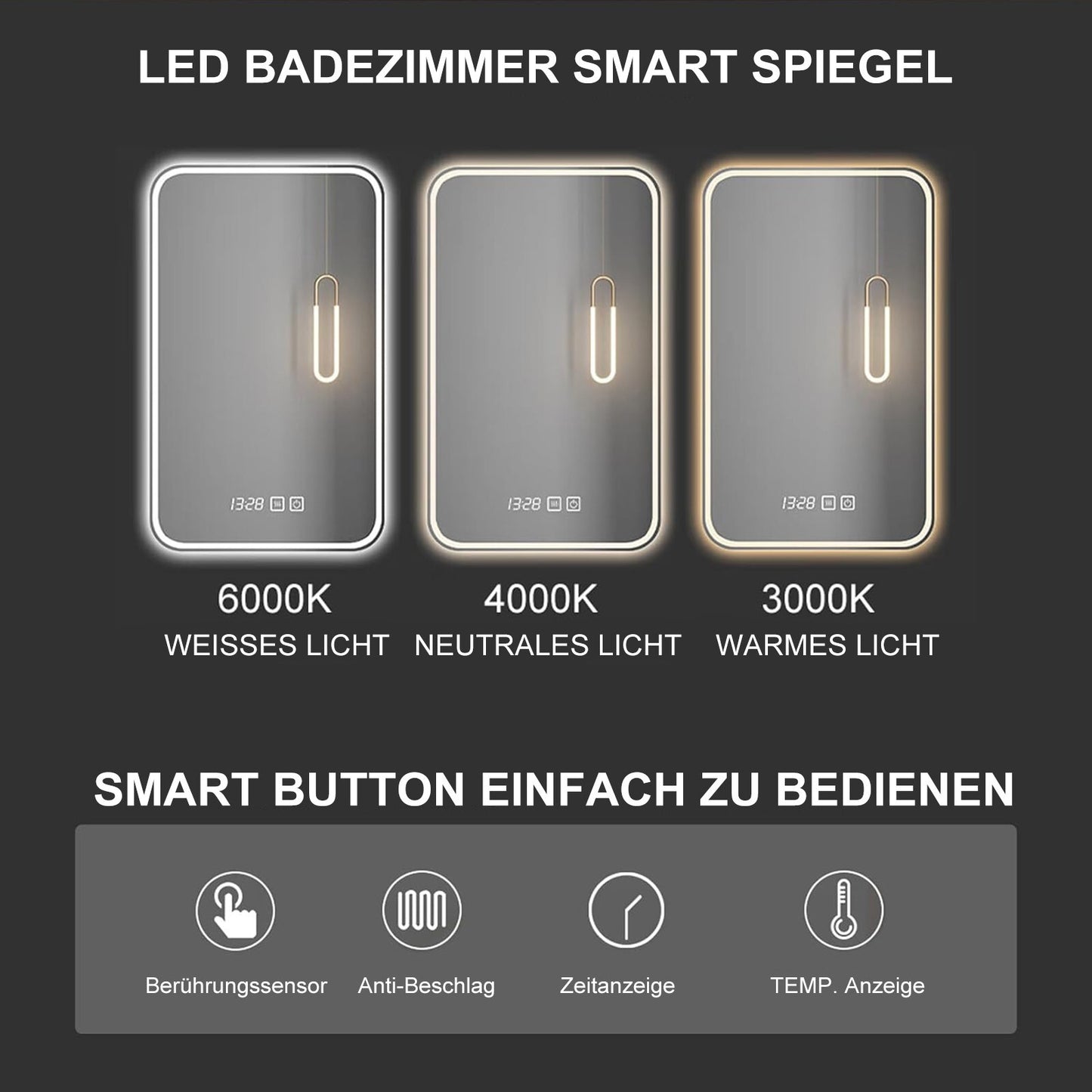 LED Dimmbarer Badspiegel mit Uhr, Touch-Bedienung & Beschlagfrei – Beleuchteter Wandspiegel