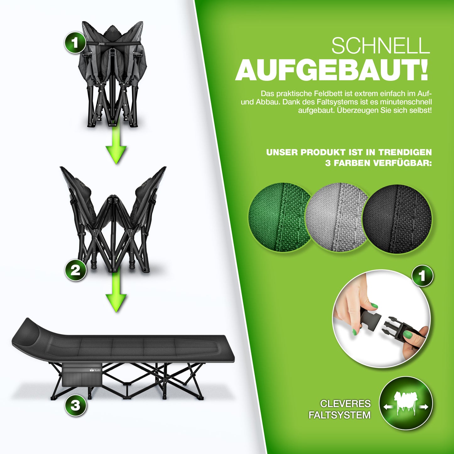 Campingbett 200 kg – klappbare Campingliege & Gästebett, faltbares Feldbett, Reisebett