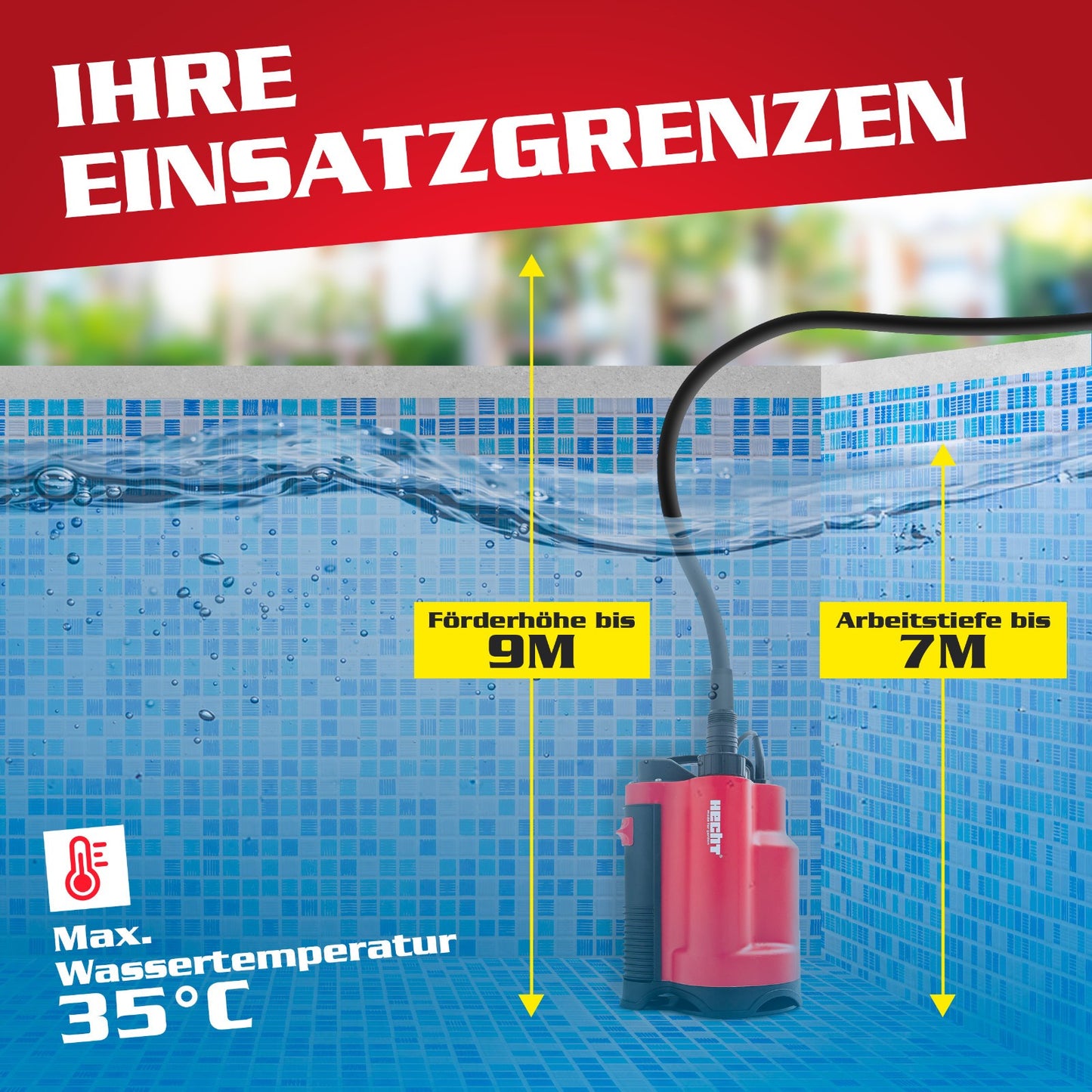 HECHT Schmutzwasserpumpe 750 W – Tauchpumpe mit Schwimmer, 13.000 l/h, für Keller, Teich & Regenwasser