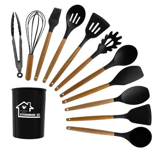 12-teiliges Küchenhelfer-Set aus Holz & Silikon, Schwarz, mit Aufbewahrungsbehälter
