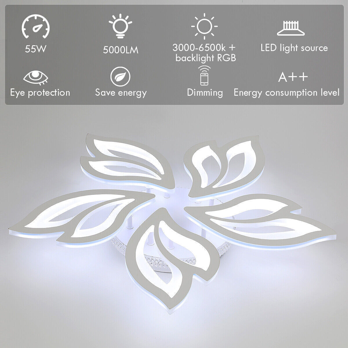 Moderne LED Deckenleuchte Dimmbar mit Fernbedienung – RGB Farben & Blüten-Design für Wohnzimmer