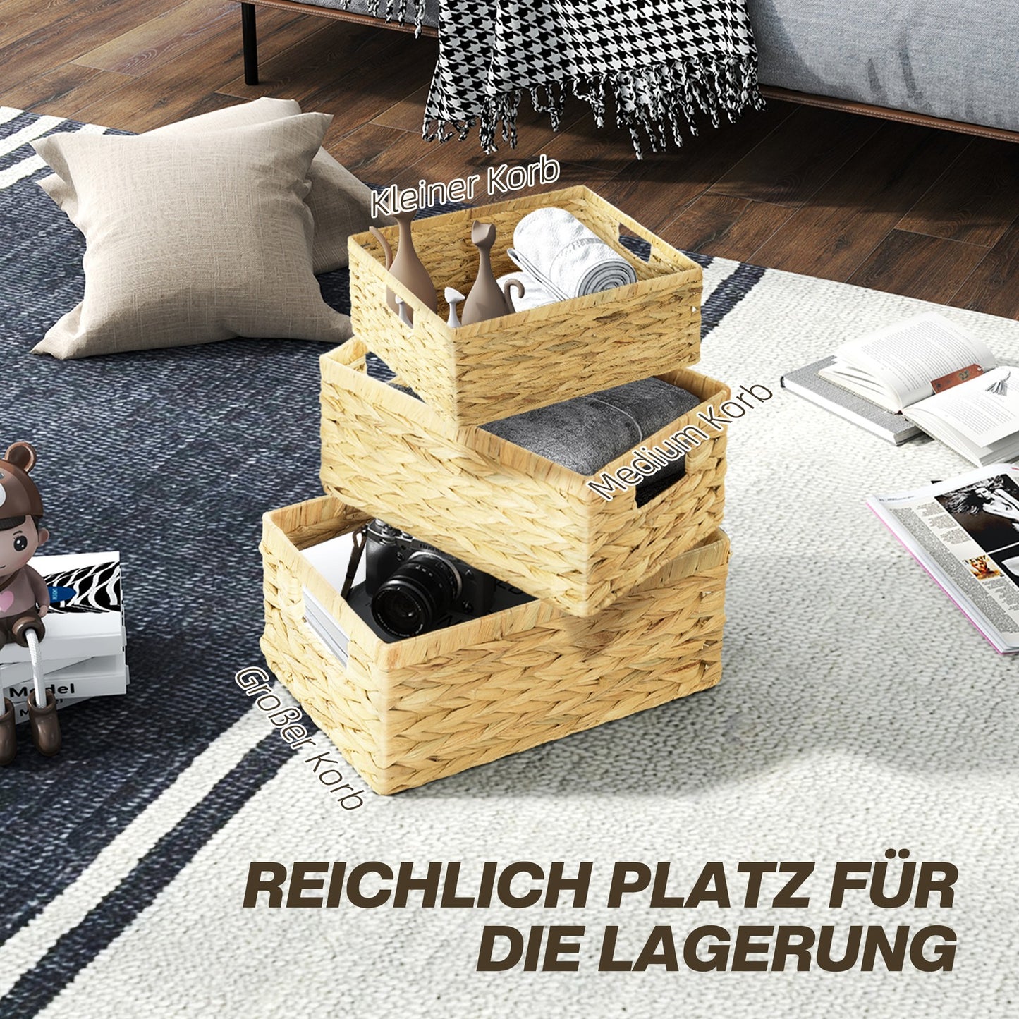 3er-Set Aufbewahrungskorb, geflochtener Körbe aus Wasserhyazinthe Naturholz