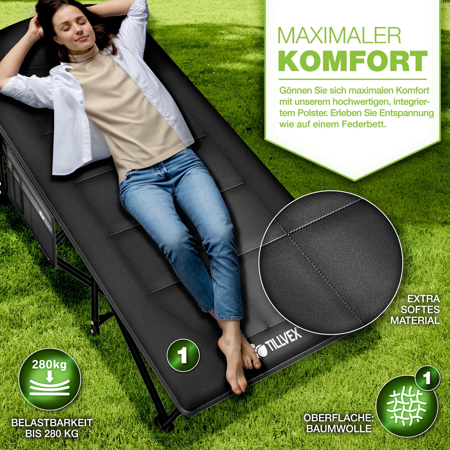 Campingbett 200 kg – klappbare Campingliege & Gästebett, faltbares Feldbett, Reisebett