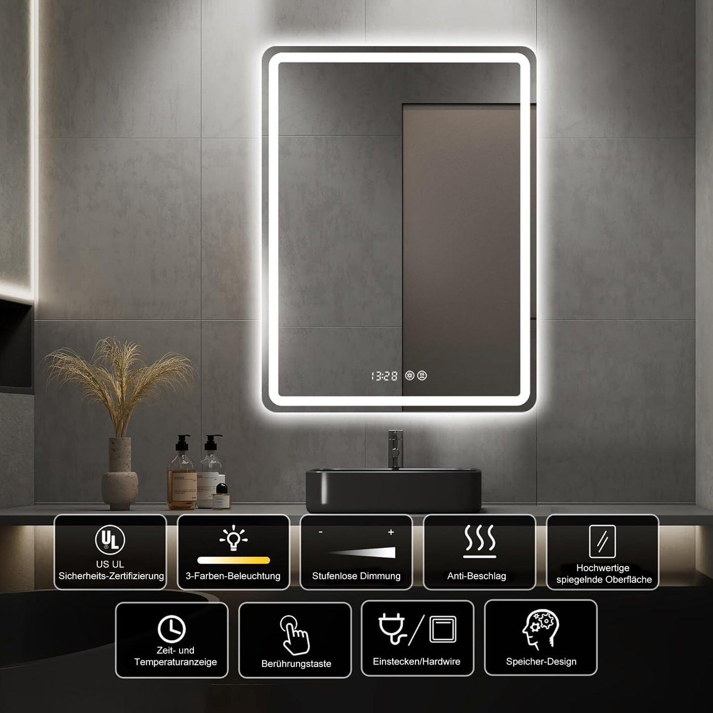 LED Dimmbarer Badspiegel mit Uhr, Touch-Bedienung & Beschlagfrei – Beleuchteter Wandspiegel