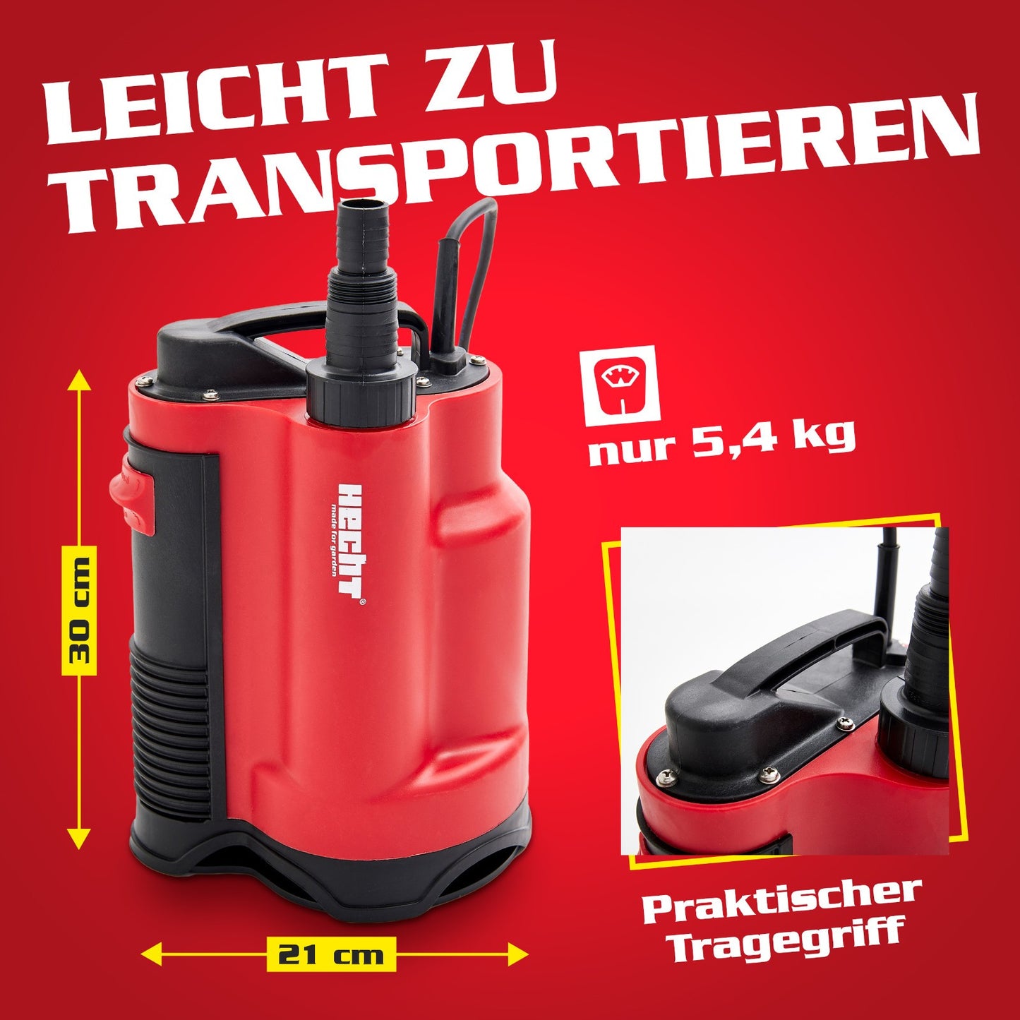 HECHT Schmutzwasserpumpe 750 W – Tauchpumpe mit Schwimmer, 13.000 l/h, für Keller, Teich & Regenwasser