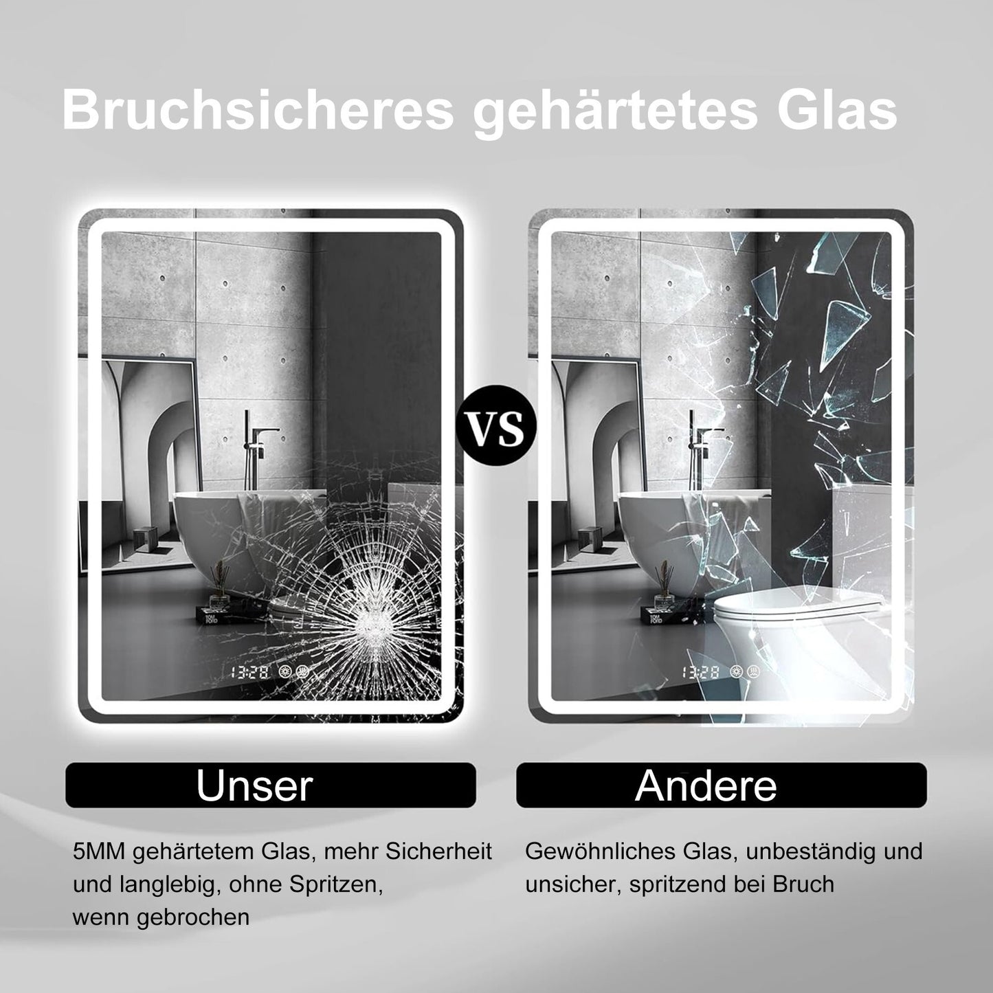 LED Dimmbarer Badspiegel mit Uhr, Touch-Bedienung & Beschlagfrei – Beleuchteter Wandspiegel