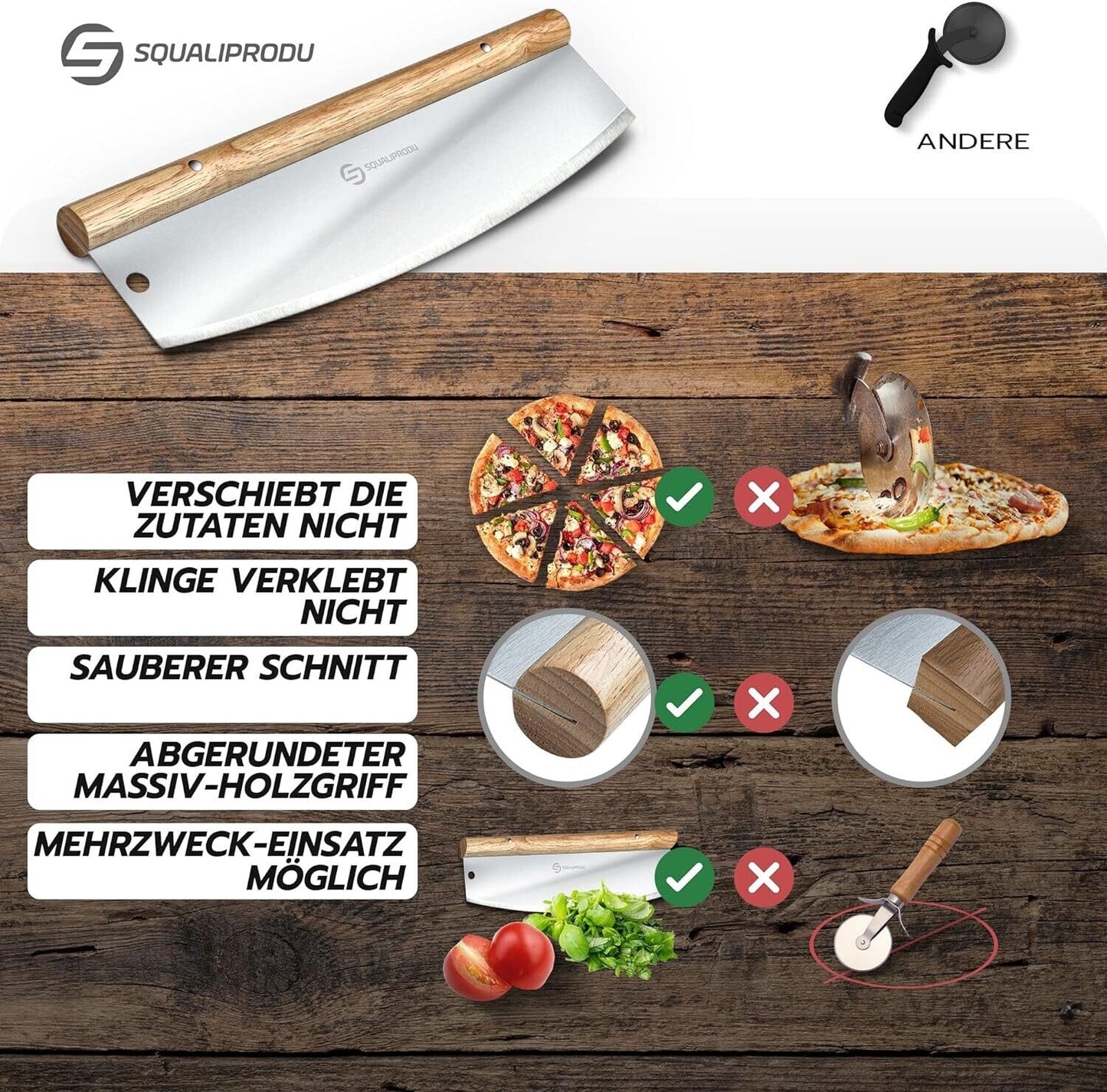 Premium Pizzaschneider aus Edelstahl mit hochwertigem Holzgriff – Inklusive Klingenschutz