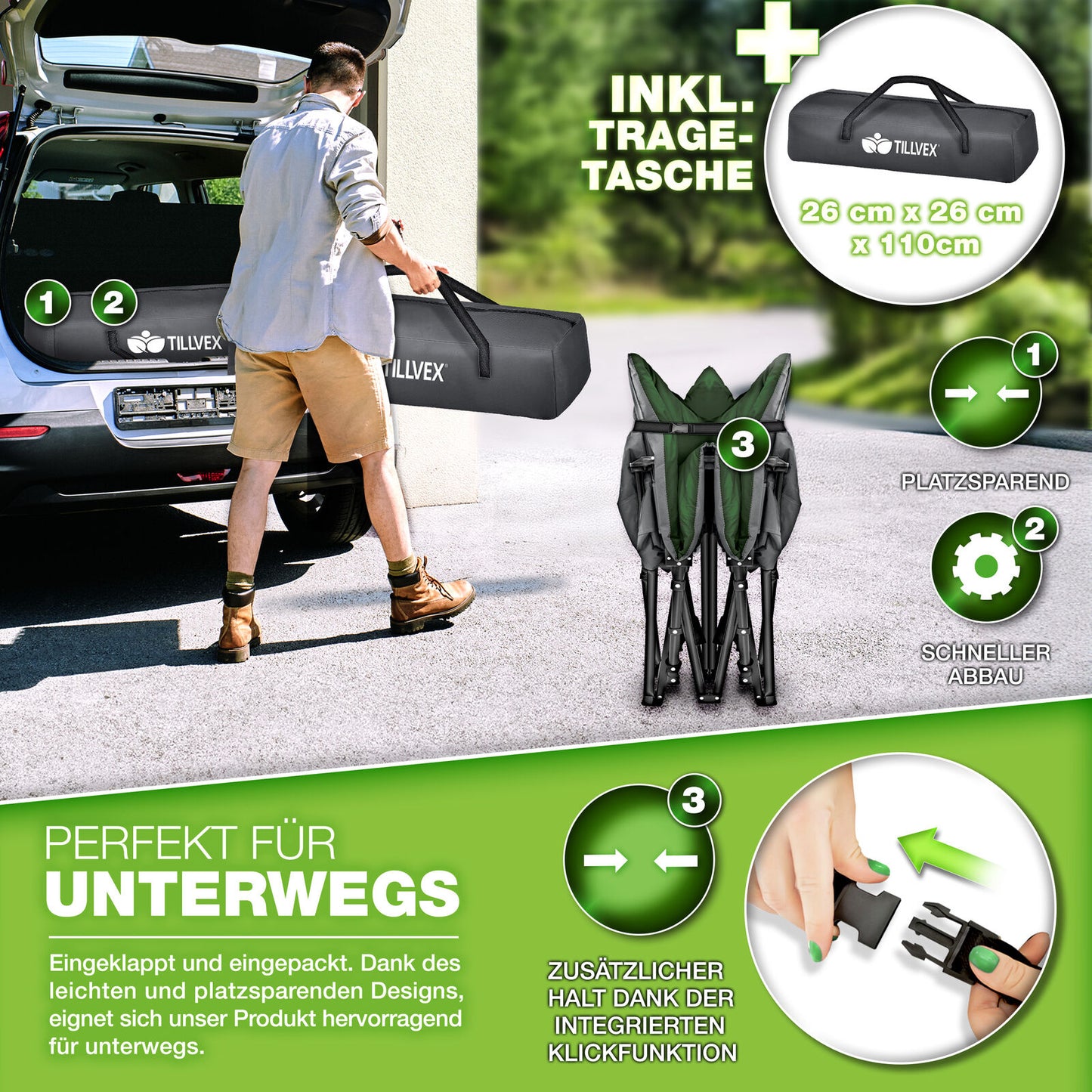 Campingbett 200 kg – klappbare Campingliege & Gästebett, faltbares Feldbett, Reisebett