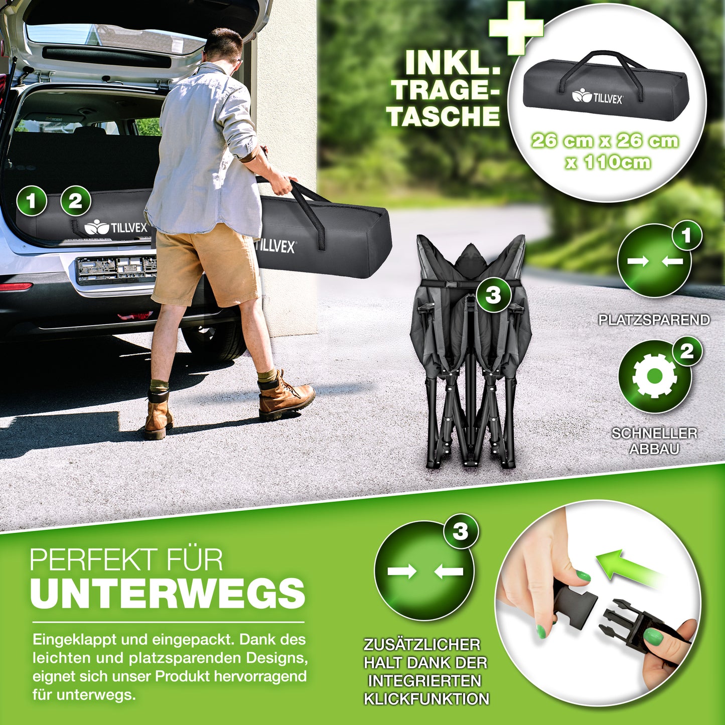 Campingbett 200 kg – klappbare Campingliege & Gästebett, faltbares Feldbett, Reisebett