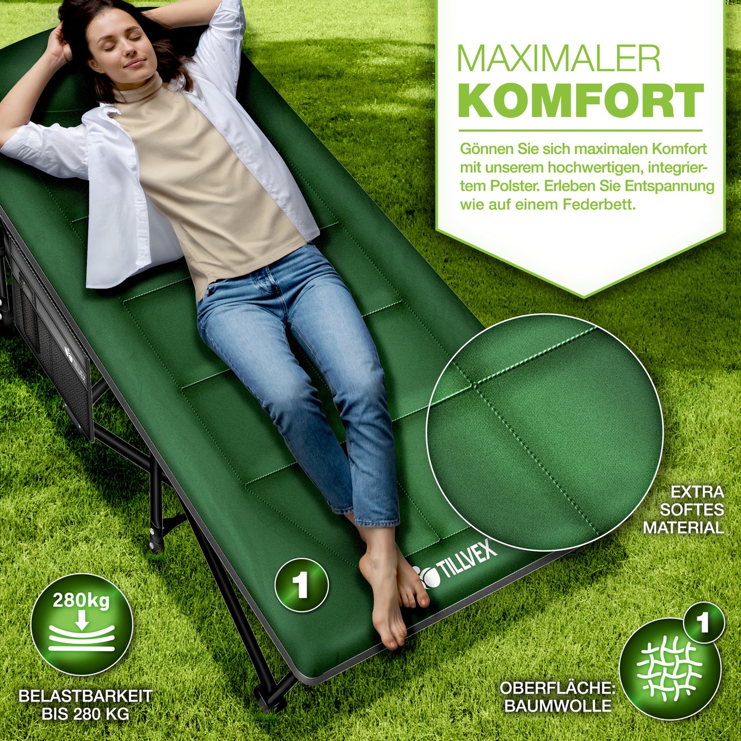 Campingbett 200 kg – klappbare Campingliege & Gästebett, faltbares Feldbett, Reisebett