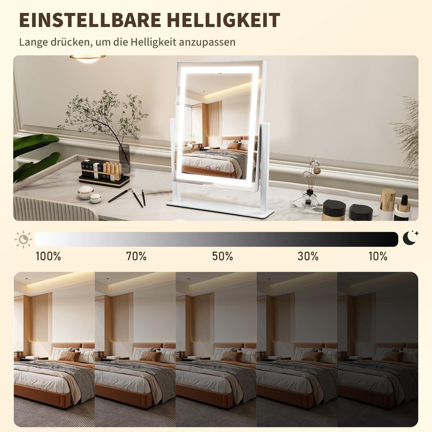 LED Hollywood Schminkspiegel – Dimmbar, 3 Lichtfarben, Hochauflösend, Beleuchtet