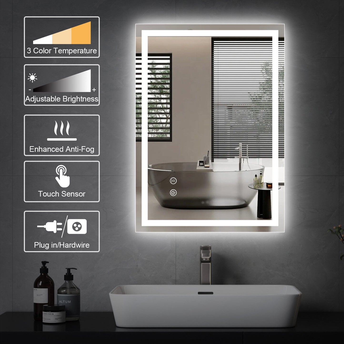 LED Badezimmerspiegel mit Touch, Beschlagfrei, 3 Lichtfarben, Dimmbar – Moderner Wandspiegel