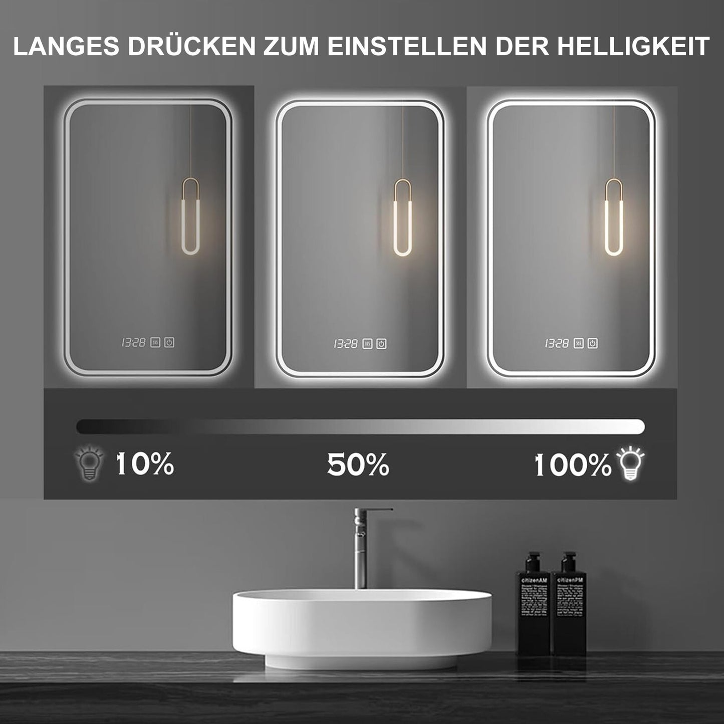 LED Dimmbarer Badspiegel mit Uhr, Touch-Bedienung & Beschlagfrei – Beleuchteter Wandspiegel