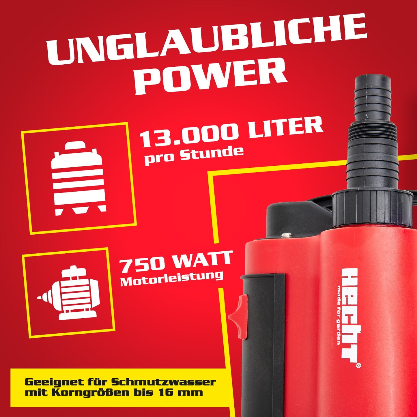 HECHT Schmutzwasserpumpe 750 W – Tauchpumpe mit Schwimmer, 13.000 l/h, für Keller, Teich & Regenwasser