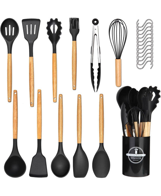 12-teiliges Küchenhelfer-Set aus Holz & Silikon, Schwarz, mit Aufbewahrungsbehälter