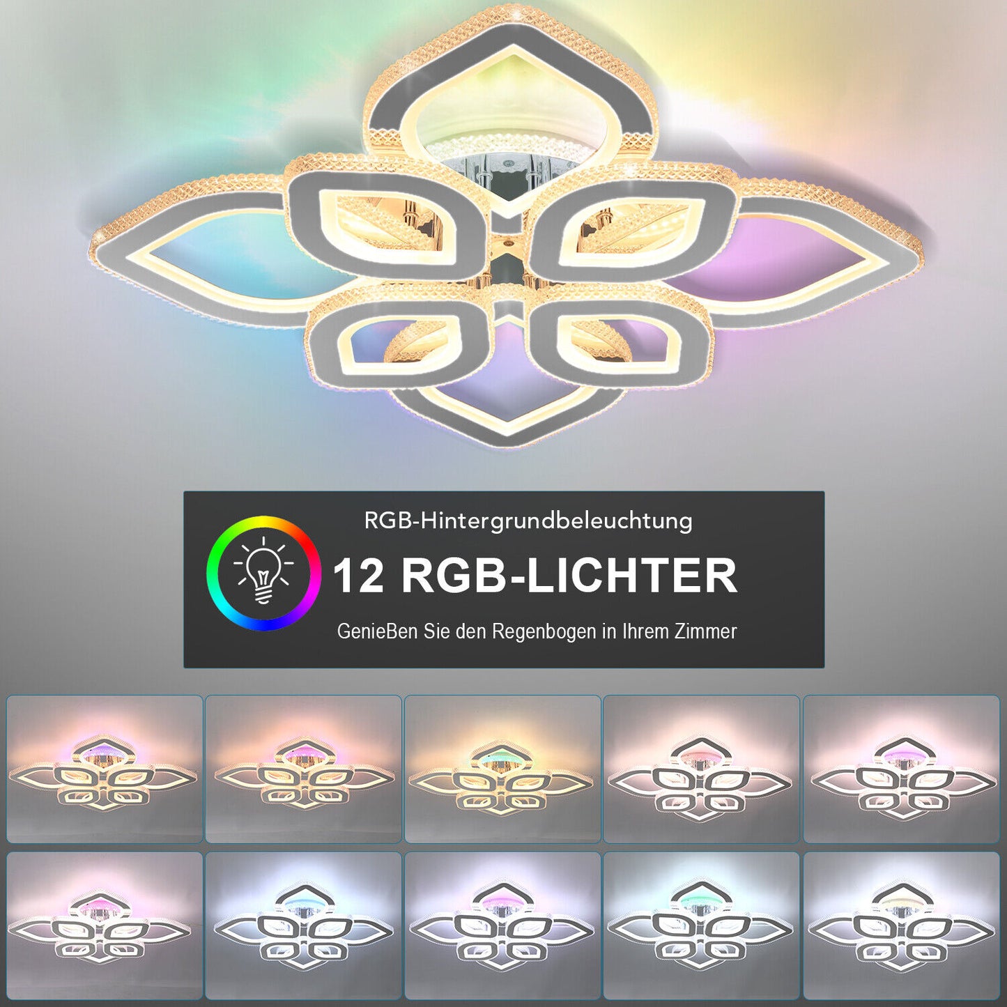 Moderne RGB LED Deckenleuchte Dimmbar mit Fernbedienung – Wohnzimmerlampe mit Blüten-Design