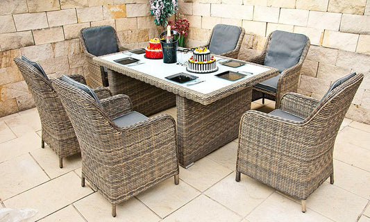 Ragnarök Premium Poly-Rattan Gartenmöbel Essgruppe – 8-teilig, Verstellbare Lehne, Naturfarben