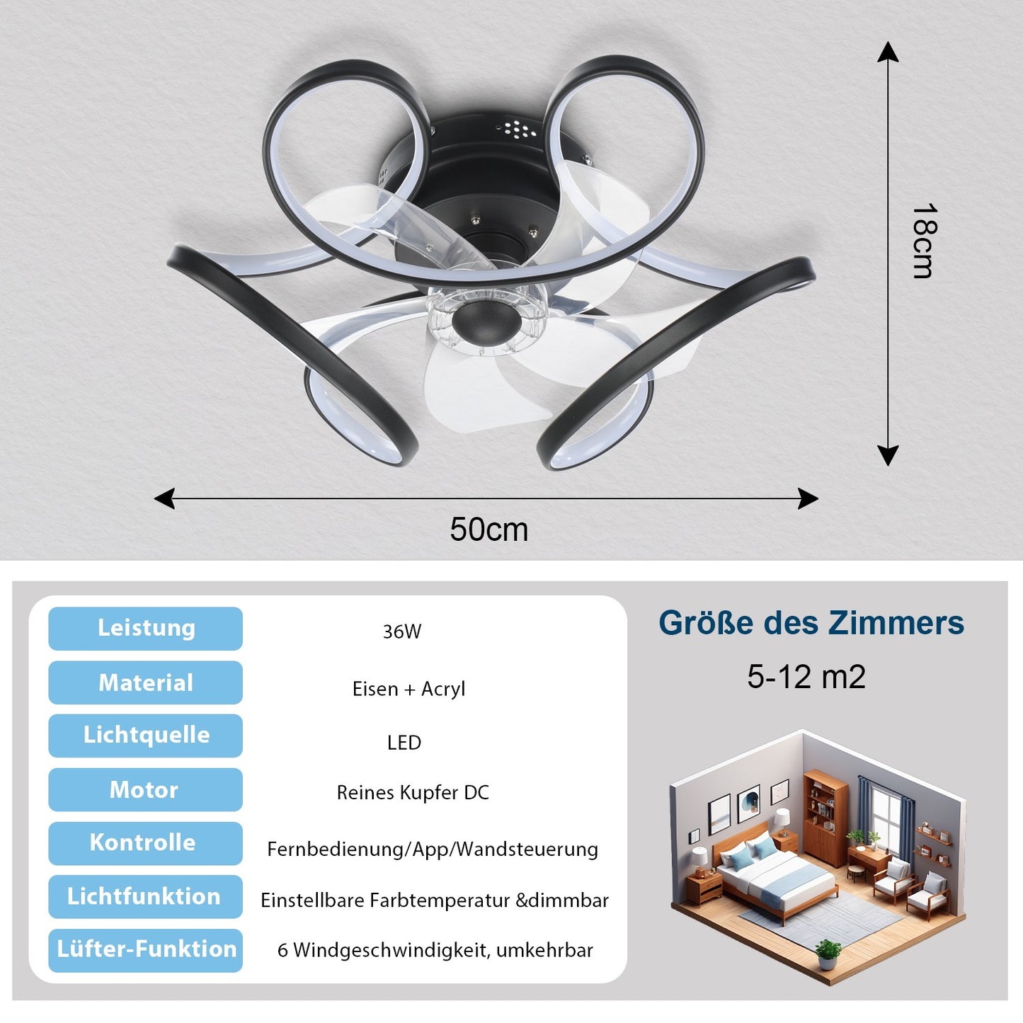 Leiser LED Deckenventilator mit Fernbedienung – 6 Geschwindigkeiten, Rücklauf & Lichtfunktion
