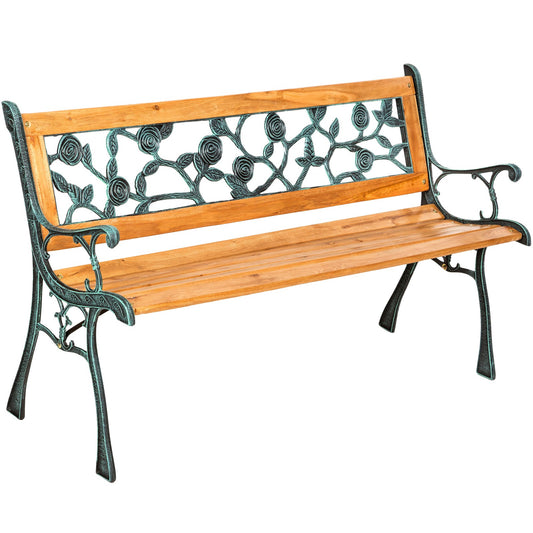 Gartenbank 2-Sitzer – Holz & Gusseisen Parkbank mit Rosenmuster, wetterfest