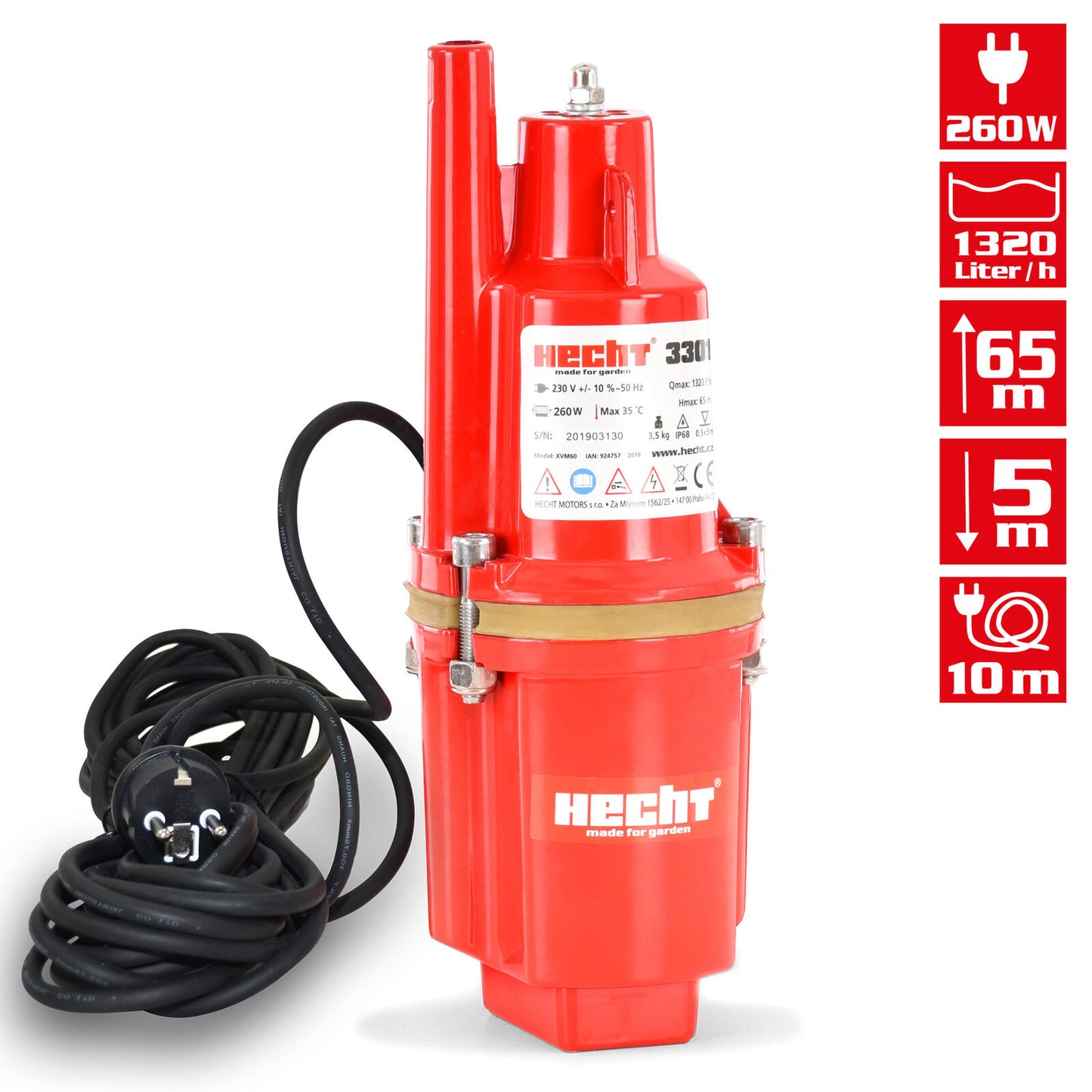 HECHT Membranpumpe 260 W – 1320 l/h, 230V – Wasserpumpe für Keller, Garten, Brunnen & Teich