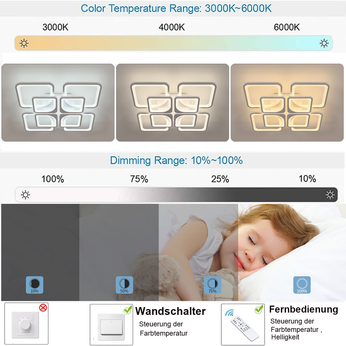 Moderne LED Deckenleuchte Dimmbar mit RGB & Farbtemperatur – Weiß, inkl. Fernbedienung