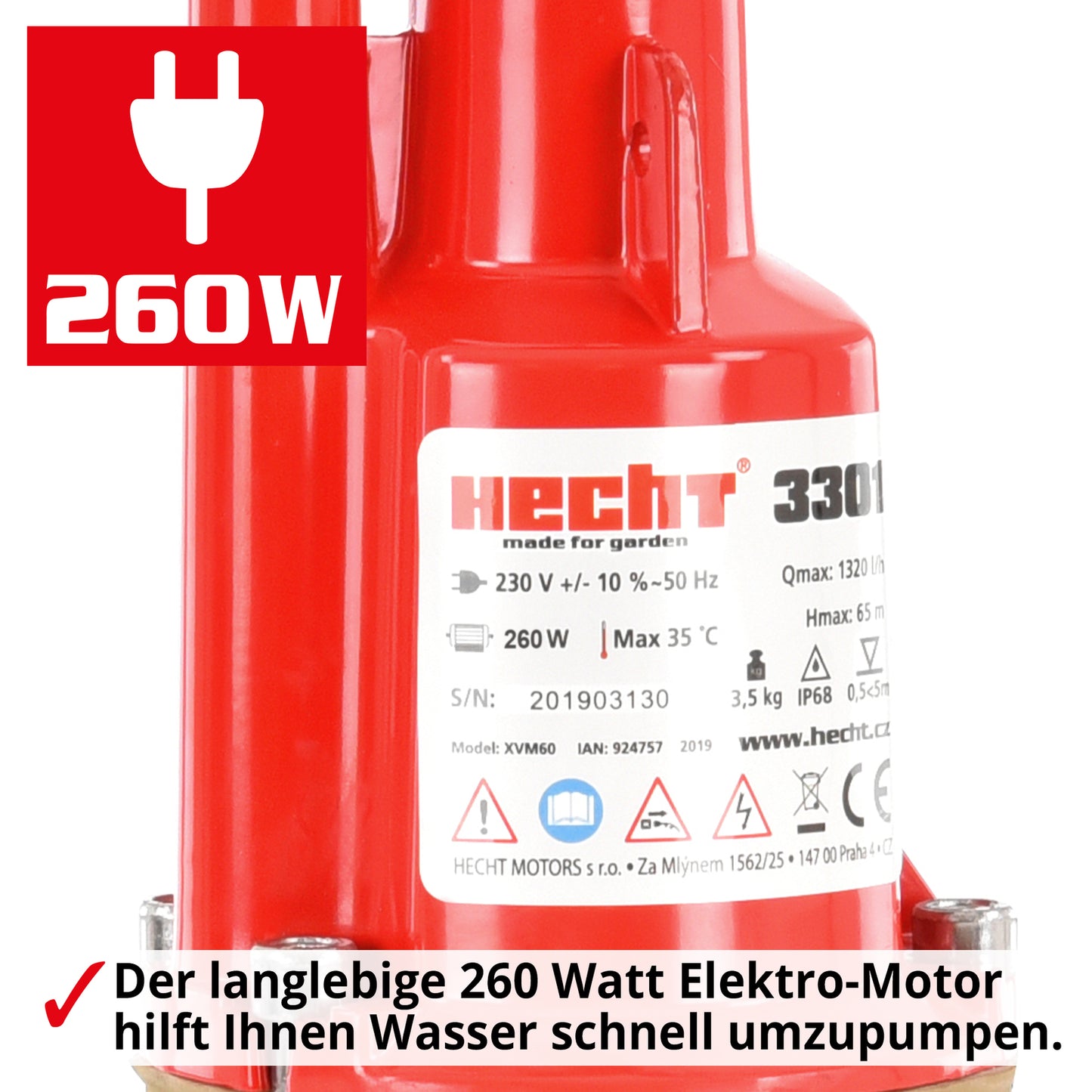 HECHT Membranpumpe 260 W – 1320 l/h, 230V – Wasserpumpe für Keller, Garten, Brunnen & Teich