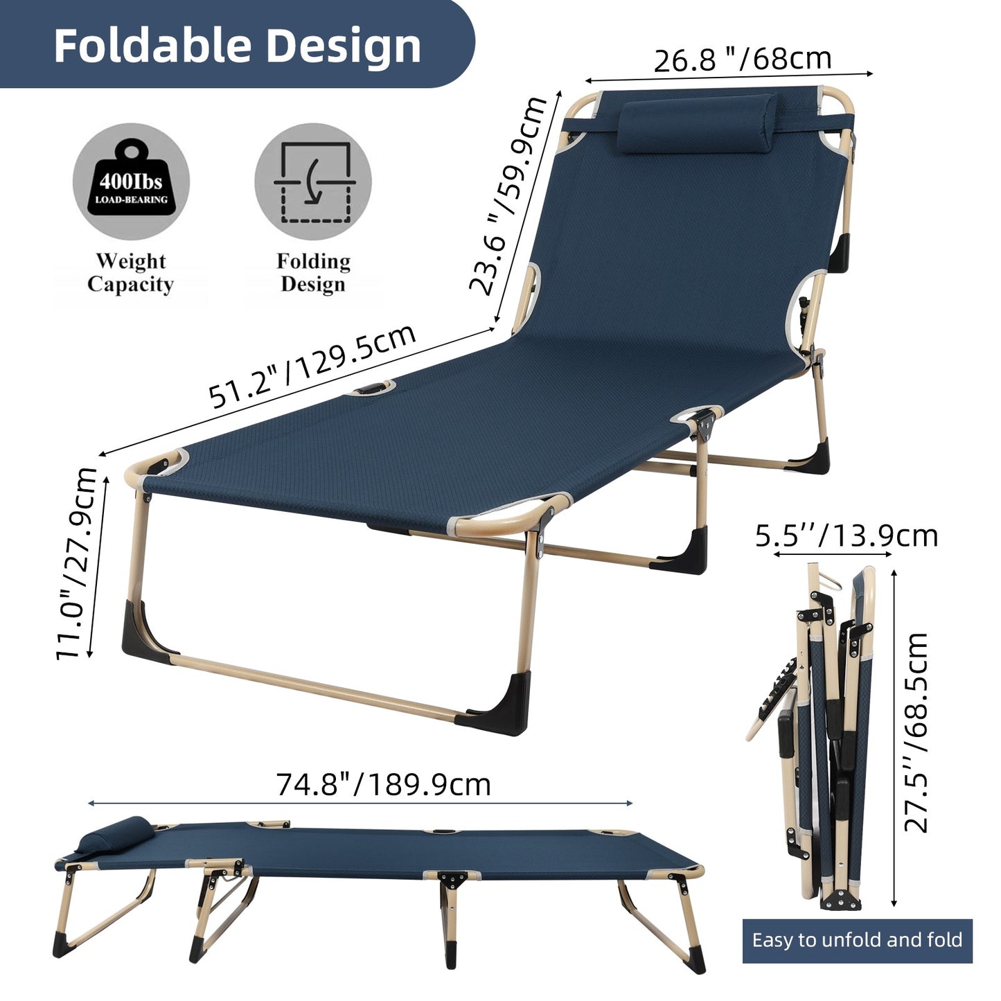 200 kg Campingbett & Sonnenliege – klappbar, XXL Gästebett, Feldbett für Garten & Reisen