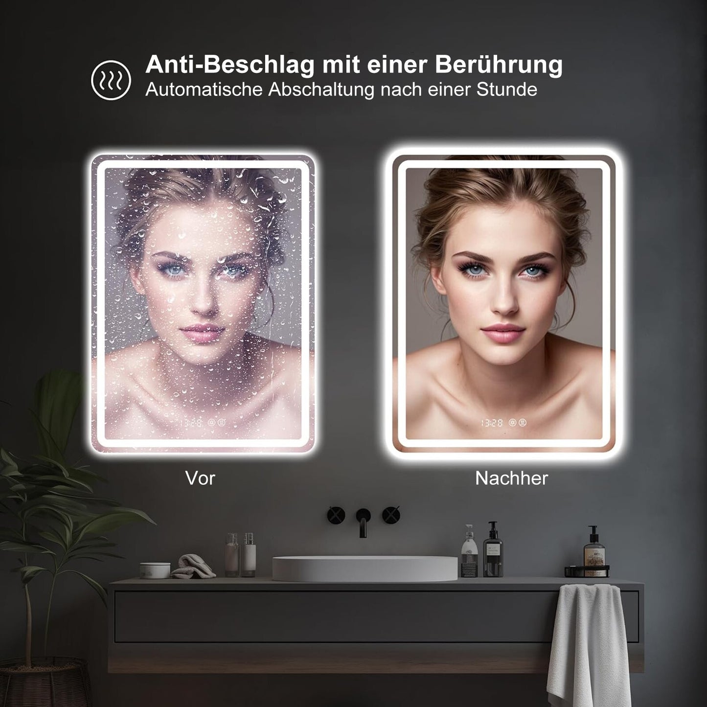 LED Dimmbarer Badspiegel mit Uhr, Touch-Bedienung & Beschlagfrei – Beleuchteter Wandspiegel