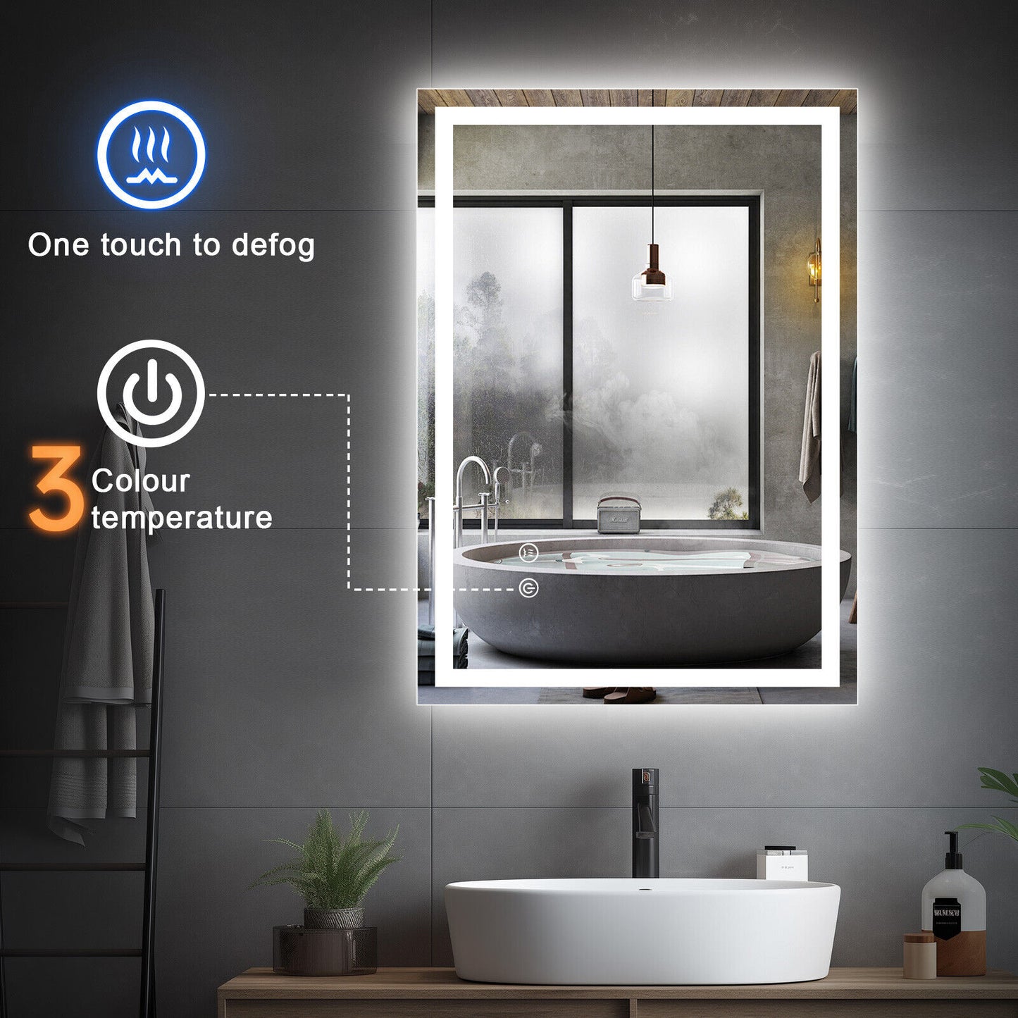 LED Badezimmerspiegel mit Touch, Beschlagfrei, 3 Lichtfarben, Dimmbar – Moderner Wandspiegel