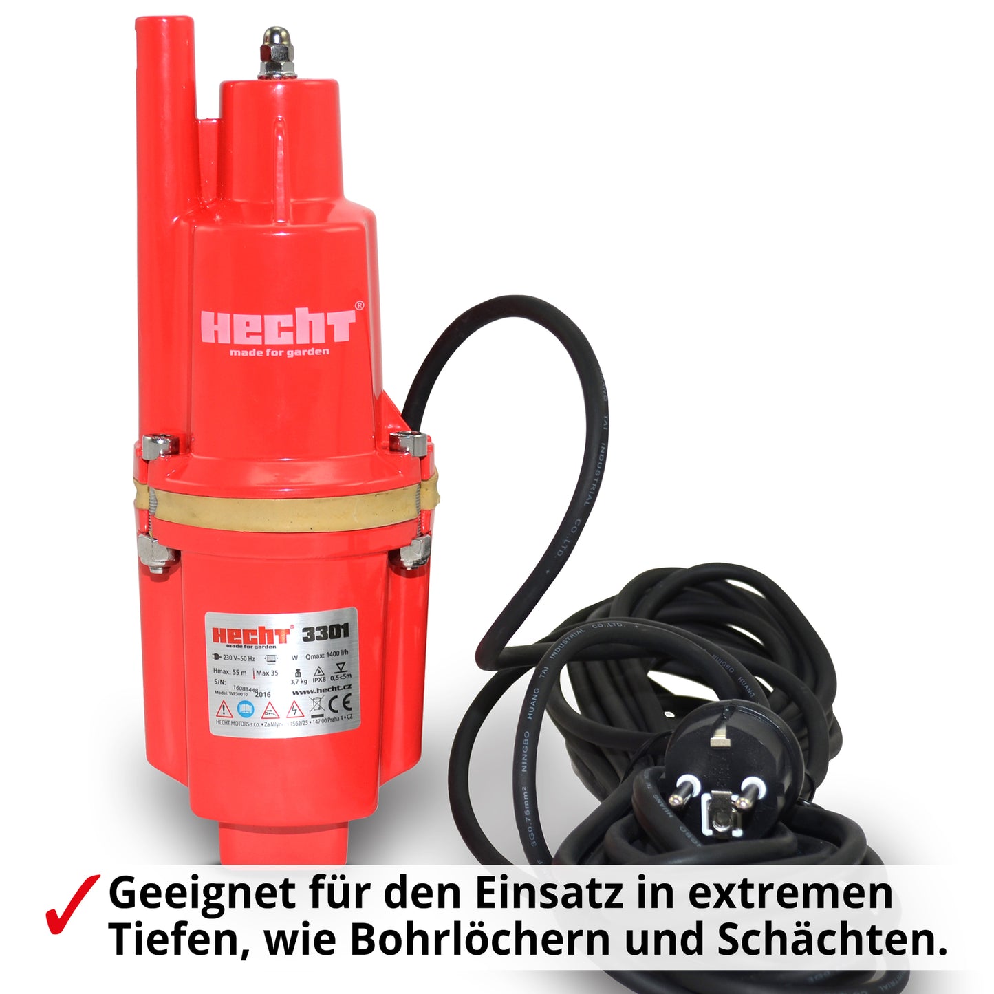 HECHT Membranpumpe 260 W – 1320 l/h, 230V – Wasserpumpe für Keller, Garten, Brunnen & Teich